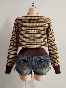 SHEIN ICON Áo len dệt kim trễ vai kẻ sọc màu nâu size lớn cho nữ, mùa đông - màu nâu - Xem 12