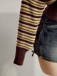SHEIN ICON Áo len dệt kim trễ vai kẻ sọc màu nâu size lớn cho nữ, mùa đông - màu nâu - Xem 6