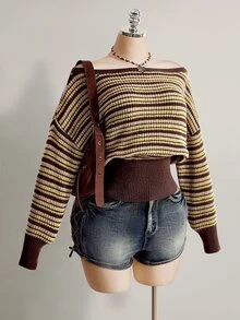 SHEIN ICON Áo len dệt kim trễ vai kẻ sọc màu nâu size lớn cho nữ, mùa đông - màu nâu - Xem 4