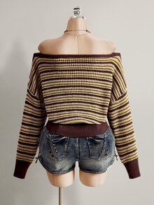 SHEIN ICON Áo len dệt kim trễ vai kẻ sọc màu nâu size lớn cho nữ, mùa đông - màu nâu - Xem 5
