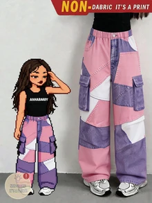 SHEIN [Denim Effect] Tween Girls Cargo Pants Fall Streetwear Uniform Loose Basic Textured Vacation Y2k High-Rise High-Waisted Wide Leg School Pink And White - Multicolor - View 1