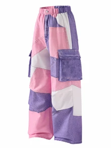 SHEIN [Denim Effect] Tween Girls Cargo Pants Fall Streetwear Uniform Loose Basic Textured Vacation Y2k High-Rise High-Waisted Wide Leg School Pink And White - Multicolor - View 8