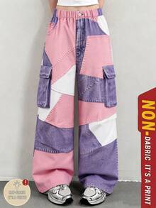 SHEIN [Denim Effect] Tween Girls Cargo Pants Fall Streetwear Uniform Loose Basic Textured Vacation Y2k High-Rise High-Waisted Wide Leg School Pink And White - Multicolor - View 4