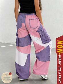 SHEIN [Denim Effect] Tween Girls Cargo Pants Fall Streetwear Uniform Loose Basic Textured Vacation Y2k High-Rise High-Waisted Wide Leg School Pink And White - Multicolor - View 3