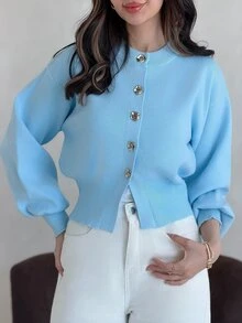 Yasmeen Edit Yasmeen Edit 高品質女款純色針織鈕扣休閒開襟毛衣，適合日常穿著與度假，秋冬季 - 藍色 - 查看 3
