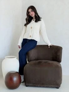 Yasmeen Edit Yasmeen Edit 女款秋冬休閒日常優雅前開扣雙口袋針織開襟衫 - 杏色 - 查看 4