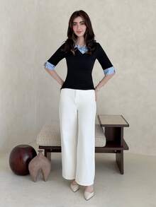 Yasmeen Edit Yasmeen Edit 女式拼贴风格 Polo 领拼接短袖 T 恤，修身套头衫，春夏 - 黑色 - 查看 4