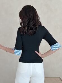 Yasmeen Edit Yasmeen Edit 女式拼贴风格 Polo 领拼接短袖 T 恤，修身套头衫，春夏 - 黑色 - 查看 2