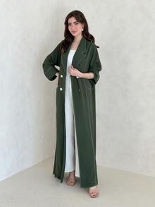 Yasmeen Edit Yasmeen Edit Women's Windbreaker Double-Breasted Button Front Long Abaya Style Coat For Commuting, Modest Robe Spring Fall - Army Green - View 5