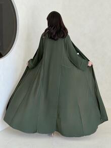 Yasmeen Edit Yasmeen Edit Women's Windbreaker Double-Breasted Button Front Long Abaya Style Coat For Commuting, Modest Robe Spring Fall - Army Green - View 3