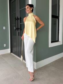 Yohana Edit Satin Camisole Backless Elegant Women Tank Top, Summer - Light Yellow - View 5
