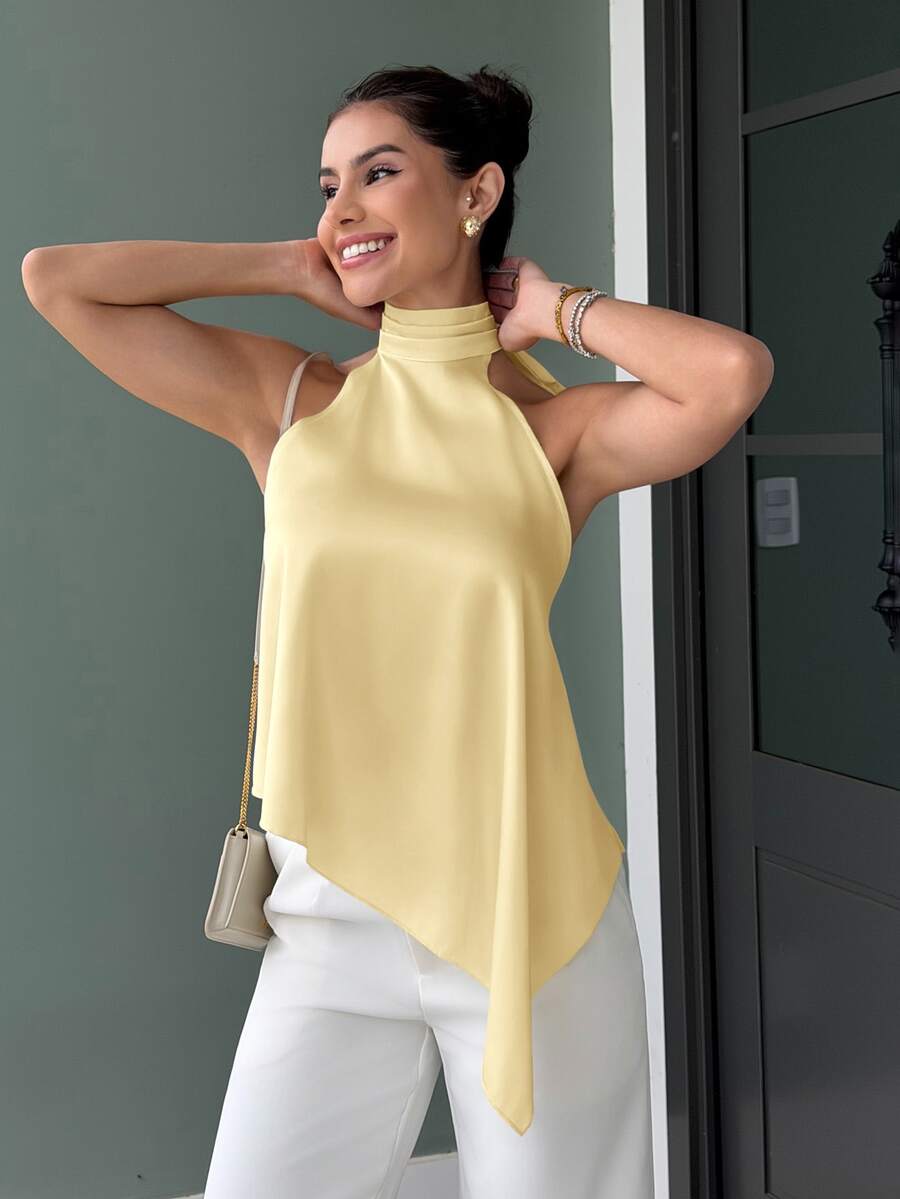 Yohana Edit Satin Camisole Backless Elegant Women Tank Top, Summer - Light Yellow - View 1
