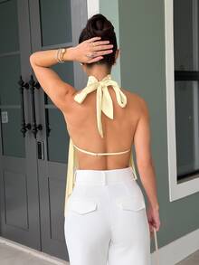 Yohana Edit Satin Camisole Backless Elegant Women Tank Top, Summer - Light Yellow - View 2