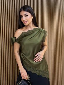 Yohana Edit Women's Lace Patchwork Asymmetrical Shoulder Casual Versatile Daily Wear Top - Army Green - View 6