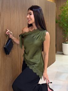Yohana Edit Women's Lace Patchwork Asymmetrical Shoulder Casual Versatile Daily Wear Top - Army Green - View 1