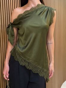 Yohana Edit Women's Lace Patchwork Asymmetrical Shoulder Casual Versatile Daily Wear Top - Army Green - View 3