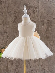 SHEIN Glamorique Kids Baby Girl Princess Dress, Champagne Tulle, Back Lace V-Neck Design, Large Bow, Birthday Flower Girl Party Bridesmaid, Wedding Christmas Fall - Champagne - View 4