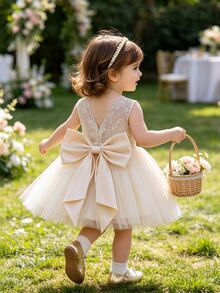 SHEIN Glamorique Kids Baby Girl Princess Dress, Champagne Tulle, Back Lace V-Neck Design, Large Bow, Birthday Flower Girl Party Bridesmaid, Wedding Christmas Fall - Champagne - View 1