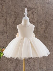 SHEIN Glamorique Kids Baby Girl Princess Dress, Champagne Tulle, Back Lace V-Neck Design, Large Bow, Birthday Flower Girl Party Bridesmaid, Wedding Christmas Fall - Champagne - View 5
