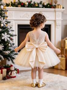 SHEIN Glamorique Kids Baby Girl Princess Dress, Champagne Tulle, Back Lace V-Neck Design, Large Bow, Birthday Flower Girl Party Bridesmaid, Wedding Christmas Fall - Champagne - View 2