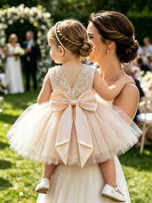 SHEIN Glamorique Kids Baby Girl Princess Dress, Champagne Tulle, Back Lace V-Neck Design, Large Bow, Birthday Flower Girl Party Bridesmaid, Wedding Christmas Fall - Champagne - View 8