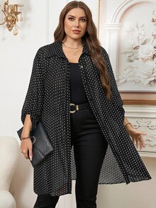Reflora 大尺碼女款休閒優雅簡約日常辦公商務通勤全印花捲袖長版寬鬆襯衫 夏季黑色 - 黑色 - 查看 1