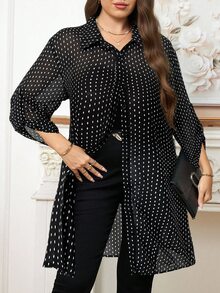 Reflora 大尺碼女款休閒優雅簡約日常辦公商務通勤全印花捲袖長版寬鬆襯衫 夏季黑色 - 黑色 - 查看 3