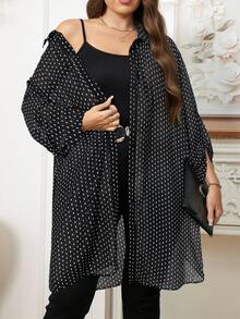 Reflora 大尺碼女款休閒優雅簡約日常辦公商務通勤全印花捲袖長版寬鬆襯衫 夏季黑色 - 黑色 - 查看 5