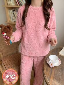 Girls 2pcs Set Double-Sided Fleece Jacquard Round Neck Long Sleeve Pants Comfortable Loungewear Plush Autumn/Winter - Dusty Pink - View 6