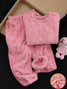 Girls 2pcs Set Double-Sided Fleece Jacquard Round Neck Long Sleeve Pants Comfortable Loungewear Plush Autumn/Winter - Dusty Pink - View 2