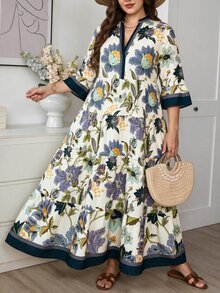 SHEIN LUNE 大尺碼女款缺口V領花卉印花休閒派對洋裝 秋季 - 彩色 - 查看 5