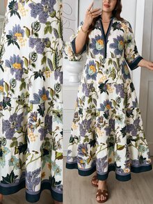 SHEIN LUNE 大尺碼女款缺口V領花卉印花休閒派對洋裝 秋季 - 彩色 - 查看 3