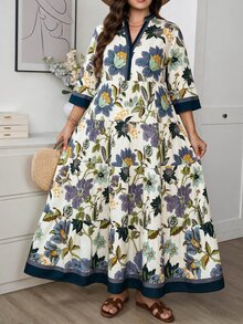 SHEIN LUNE 大尺碼女款缺口V領花卉印花休閒派對洋裝 秋季 - 彩色 - 查看 4