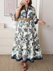 SHEIN LUNE 大尺碼女款缺口V領花卉印花休閒派對洋裝 秋季 - 彩色 - 查看 9