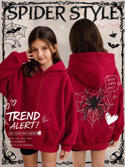 SHEIN Wine Red Spider Girls' Hooded Zip Jacket For Autumn And Winter - Mixed Street Style, Sweatshirt Style, Long Sleeve, Fleece Material, Autumn Apparel,