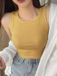 DAZY Women's Cream Yellow Fitted Ribbed Crew Neck Camisole, Summer Thin Clothing - Yellow - View 8