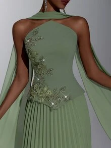 Elitara Elegant Army Green Knit Chiffon 2 In 1 Bandeau A-Line Pleated Dress With Flutter Sleeves For Women's Formal Evening Party - Army Green - View 1