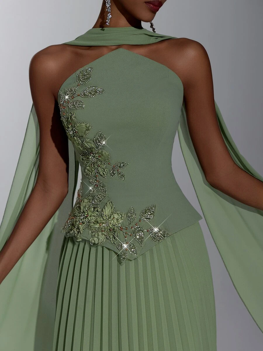 Elitara Elegant Army Green Knit Chiffon 2 In 1 Bandeau A-Line Pleated Dress With Flutter Sleeves For Women's Formal Evening Party - Army Green - View 1