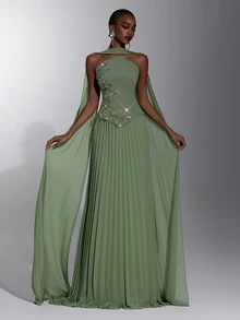 Elitara Elegant Army Green Knit Chiffon 2 In 1 Bandeau A-Line Pleated Dress With Flutter Sleeves For Women's Formal Evening Party - Army Green - View 2