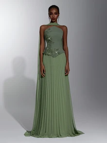 Elitara Elegant Army Green Knit Chiffon 2 In 1 Bandeau A-Line Pleated Dress With Flutter Sleeves For Women's Formal Evening Party - Army Green - View 5