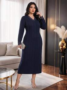 Modelyn Plus Size Women Casual Elegant V-Neck Long Sleeve Lace Patchwork Knit Dress Party Dinner Fall - Navy Blue - View 2