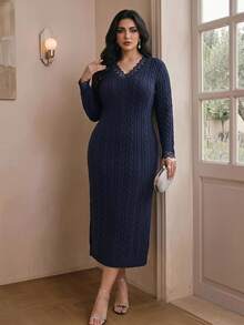 Modelyn Plus Size Women Casual Elegant V-Neck Long Sleeve Lace Patchwork Knit Dress Party Dinner Fall - Navy Blue - View 3