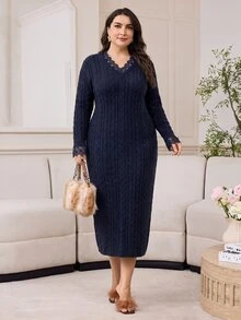 Modelyn Plus Size Women Casual Elegant V-Neck Long Sleeve Lace Patchwork Knit Dress Party Dinner Fall - Navy Blue - View 7