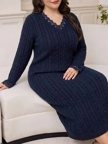 Modelyn Plus Size Women Casual Elegant V-Neck Long Sleeve Lace Patchwork Knit Dress Party Dinner Fall - Navy Blue - View 4