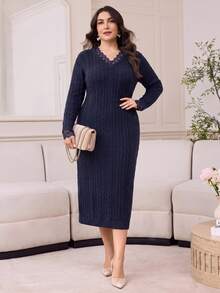 Modelyn Plus Size Women Casual Elegant V-Neck Long Sleeve Lace Patchwork Knit Dress Party Dinner Fall - Navy Blue - View 1