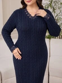 Modelyn Plus Size Women Casual Elegant V-Neck Long Sleeve Lace Patchwork Knit Dress Party Dinner Fall - Navy Blue - View 5