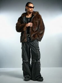 ROMWE MEN Men's Brown Dyed Fur Trim Hooded Jacket - Coffee Brown - View 3