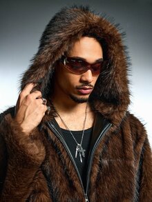 ROMWE MEN Men's Brown Dyed Fur Trim Hooded Jacket - Coffee Brown - View 4
