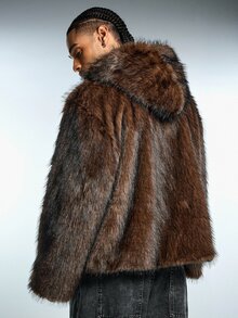 ROMWE MEN Men's Brown Dyed Fur Trim Hooded Jacket - Coffee Brown - View 2