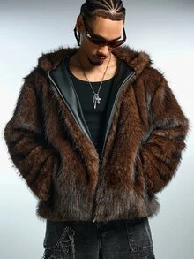 ROMWE MEN Men's Brown Dyed Fur Trim Hooded Jacket - Coffee Brown - View 7